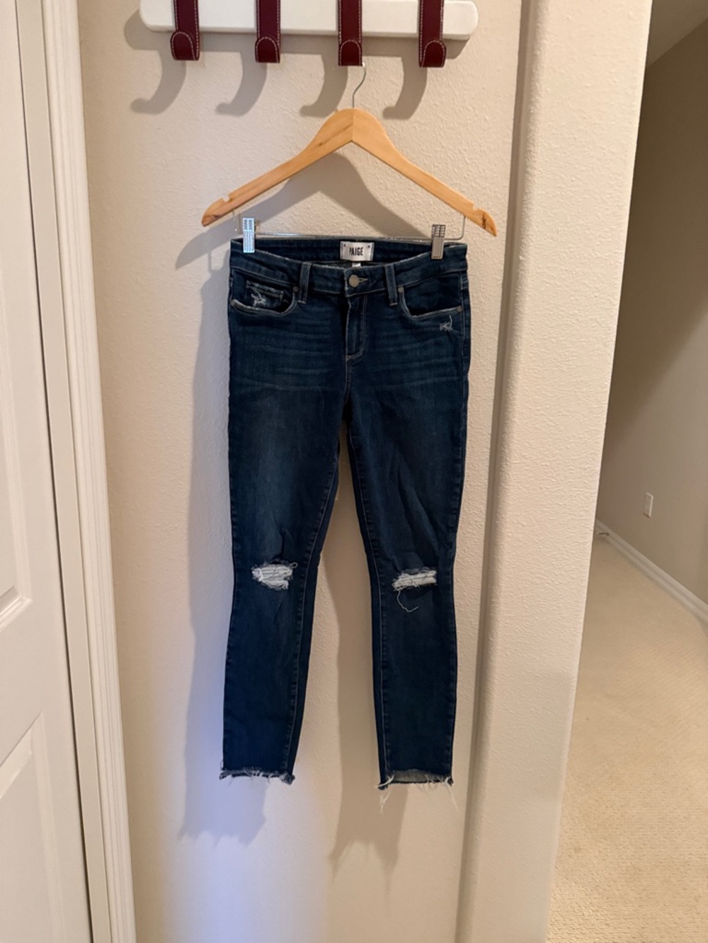 PAIGE dark blue distressed cropped ankle jeans